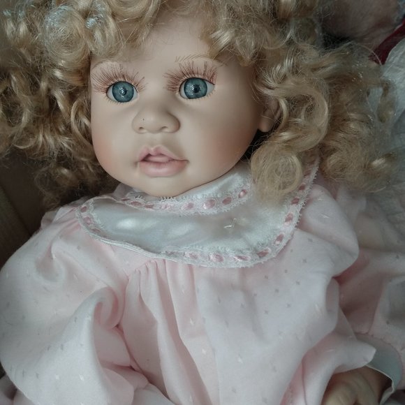 Blonde Curly hair Baby Girl with blue eyes and long lashes Realistic Doll